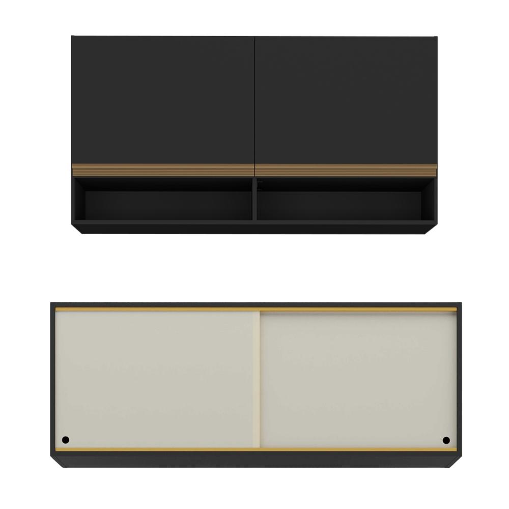 Kit Armário Cozinha Aéreo 105cm e Aéreo 120cm com Portas de Vidro Multimóveis MP2293 Preto/Dourado