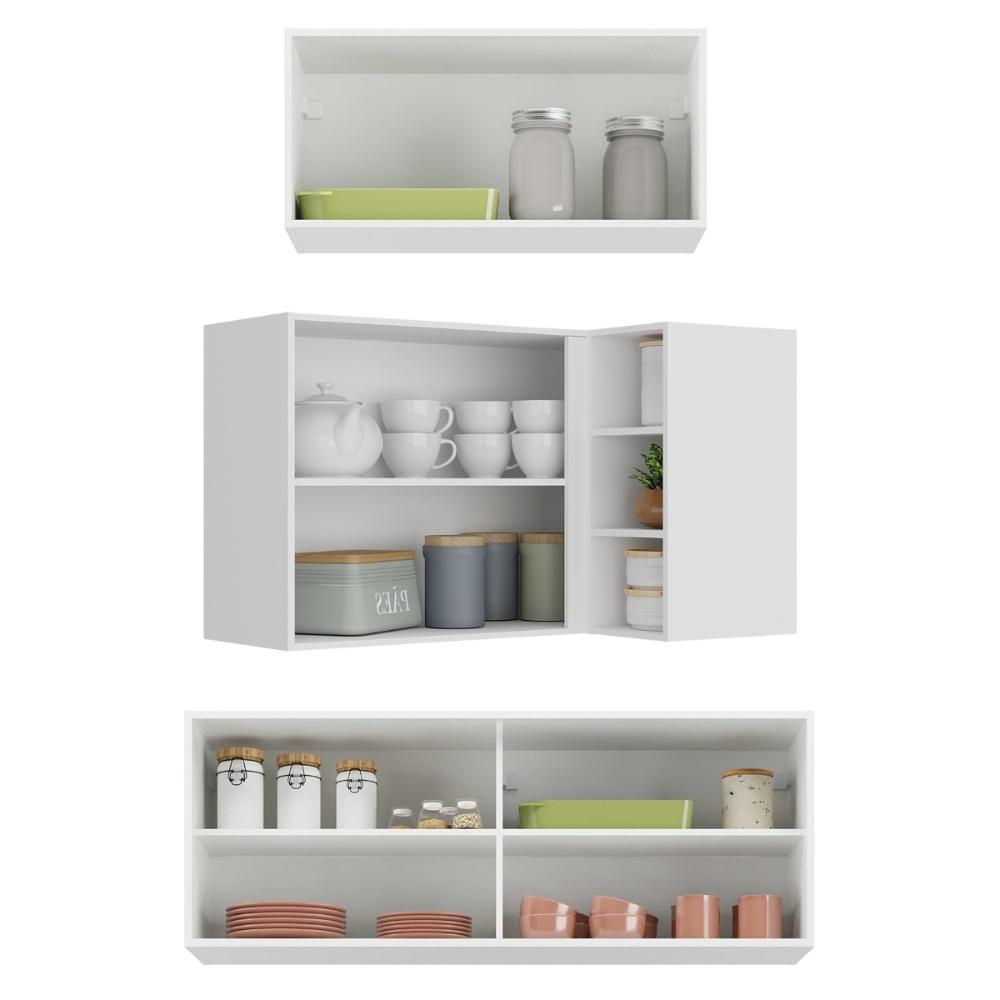 Kit Armário Cozinha Aéreo Canto 90cm com Aéreo 70cm e Aéreo 120cm Veneza Multimóveis MP2287 Branco