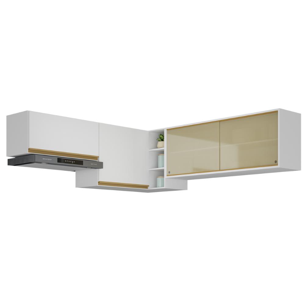 Kit Armário Cozinha Aéreo Canto 90cm com Aéreo 70cm e Aéreo 120cm Veneza Multimóveis MP2287 Branco/Dourado