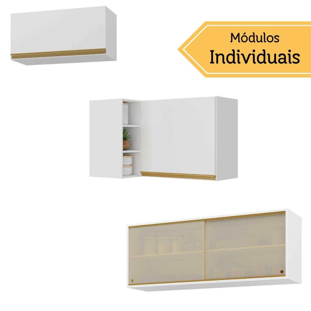 Kit Armário Cozinha Aéreo Canto 90cm com Aéreo 70cm e Aéreo 120cm Veneza Multimóveis MP2287 Branco/Dourado