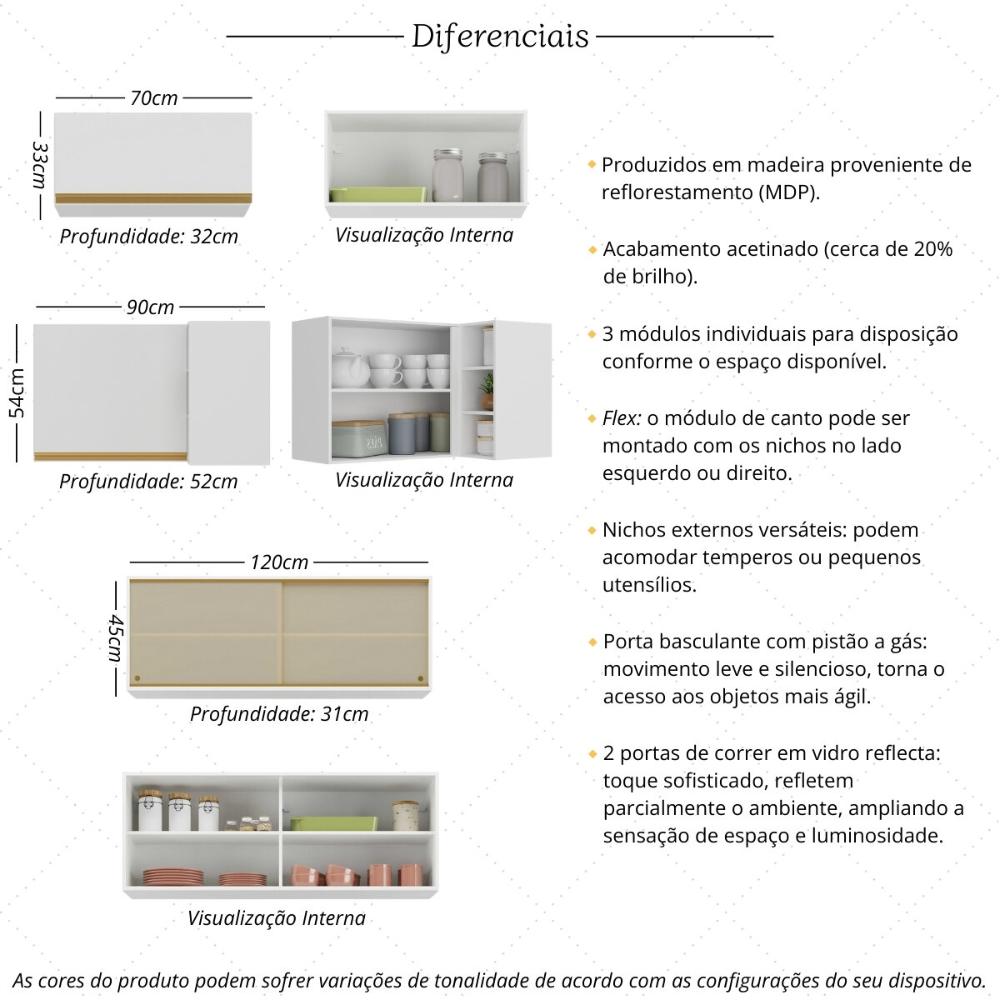 Kit Armário Cozinha Aéreo Canto 90cm com Aéreo 70cm e Aéreo 120cm Veneza Multimóveis MP2287 Branco/Dourado