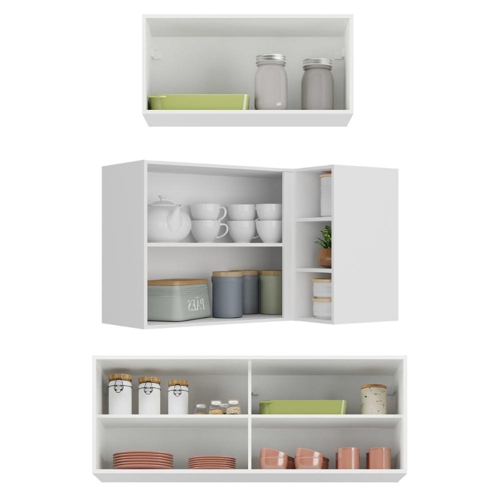 Kit Armário Cozinha Aéreo Canto 90cm com Aéreo 70cm e Aéreo 120cm Veneza Multimóveis MP2287 Branco/Dourado
