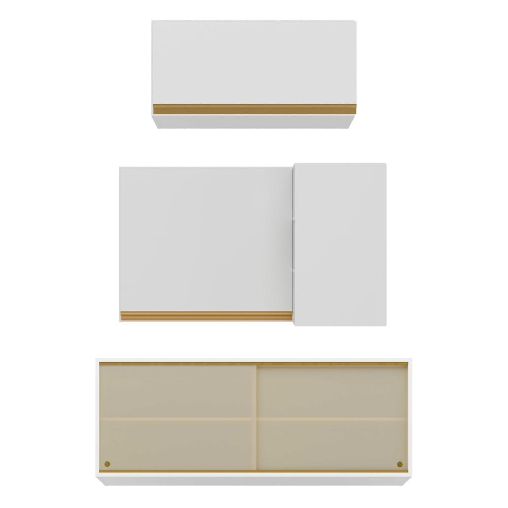 Kit Armário Cozinha Aéreo Canto 90cm com Aéreo 70cm e Aéreo 120cm Veneza Multimóveis MP2287 Branco/Dourado