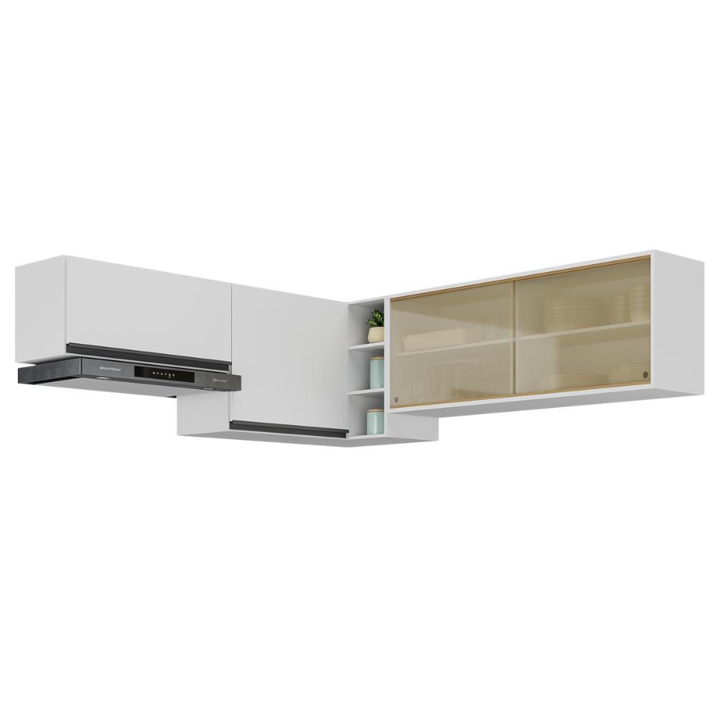 Kit Armário Cozinha Aéreo Canto 90cm com Aéreo 70cm e Aéreo 120cm Veneza Multimóveis MP2287 Branco/Preto