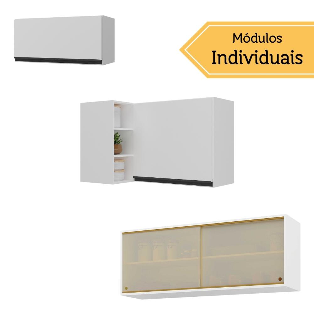 Kit Armário Cozinha Aéreo Canto 90cm com Aéreo 70cm e Aéreo 120cm Veneza Multimóveis MP2287 Branco/Preto