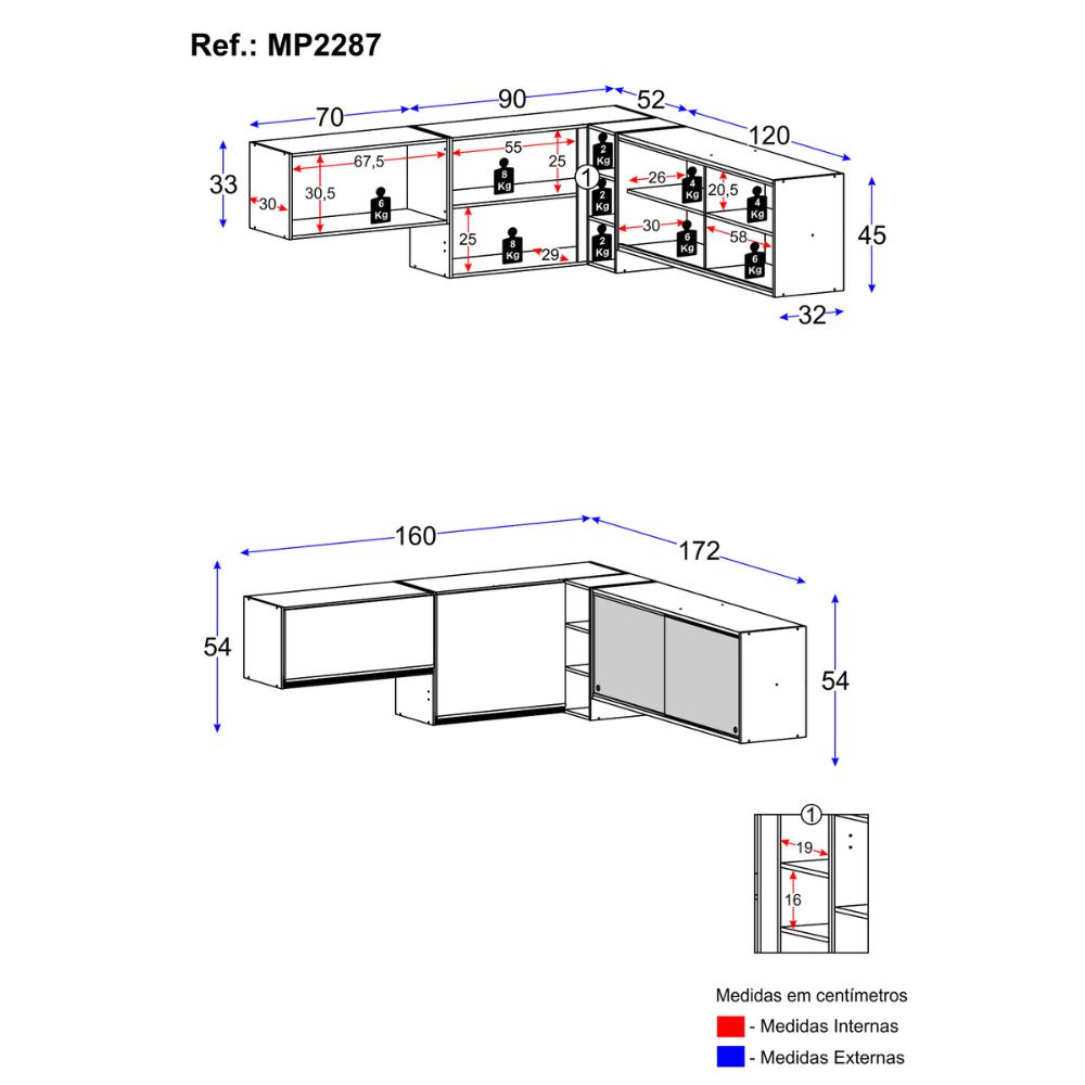 Kit Armário Cozinha Aéreo Canto 90cm com Aéreo 70cm e Aéreo 120cm Veneza Multimóveis MP2287 Branco/Preto