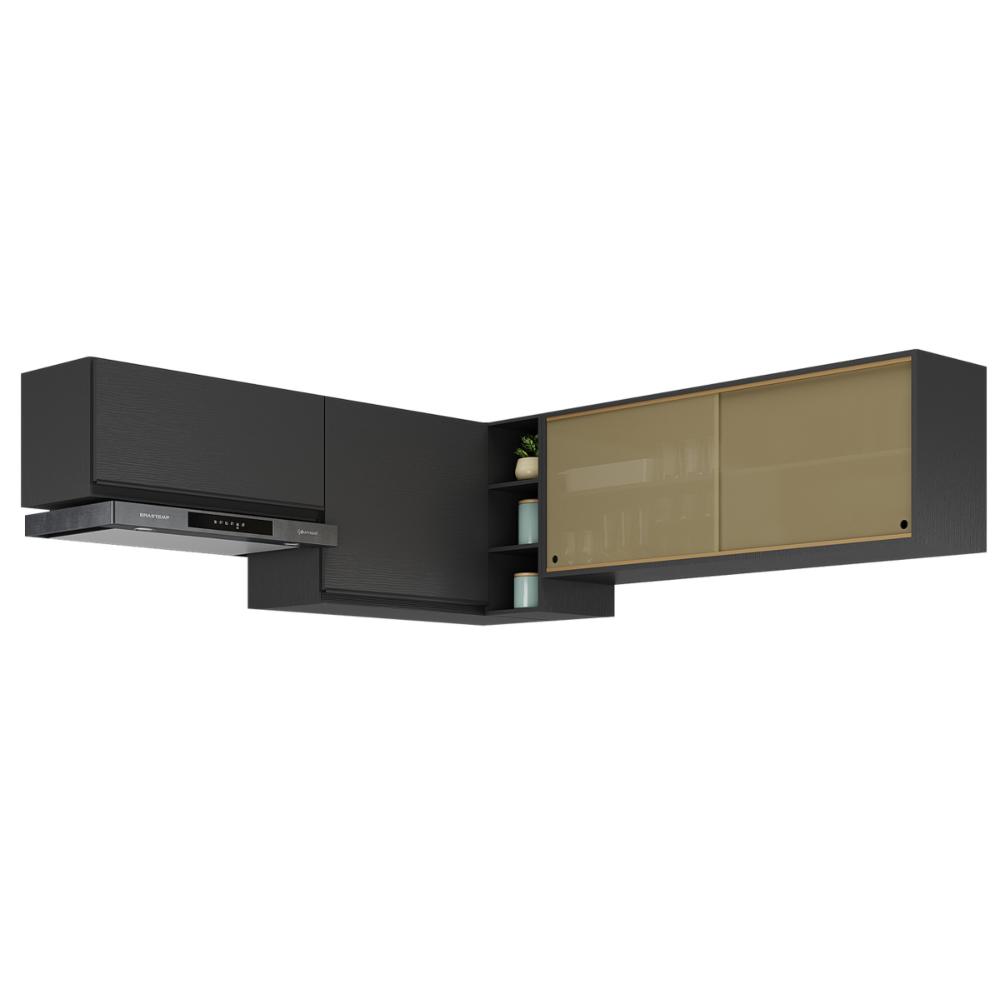 Kit Armário Cozinha Aéreo Canto 90cm com Aéreo 70cm e Aéreo 120cm Veneza Multimóveis MP2287 Preto