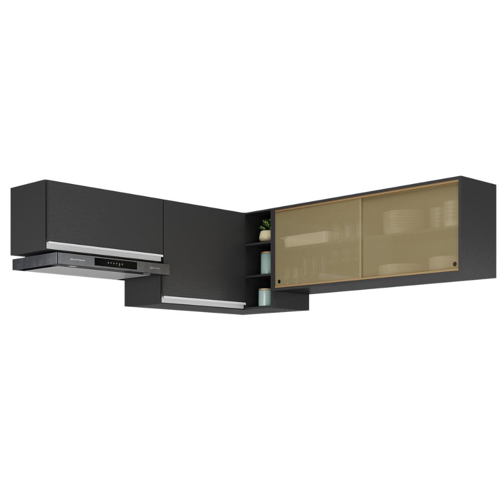 Kit Armário Cozinha Aéreo Canto 90cm com Aéreo 70cm e Aéreo 120cm Veneza Multimóveis MP2287 Preto/Branco