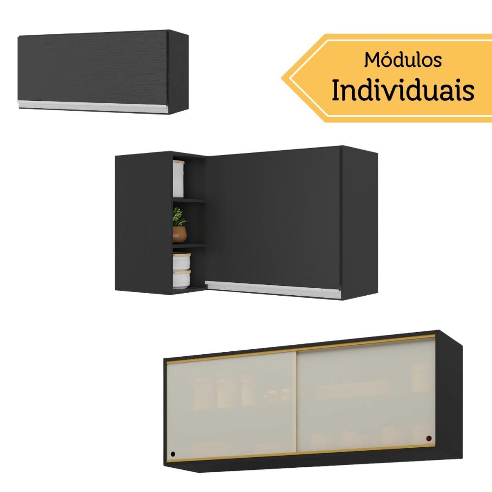 Kit Armário Cozinha Aéreo Canto 90cm com Aéreo 70cm e Aéreo 120cm Veneza Multimóveis MP2287 Preto/Branco