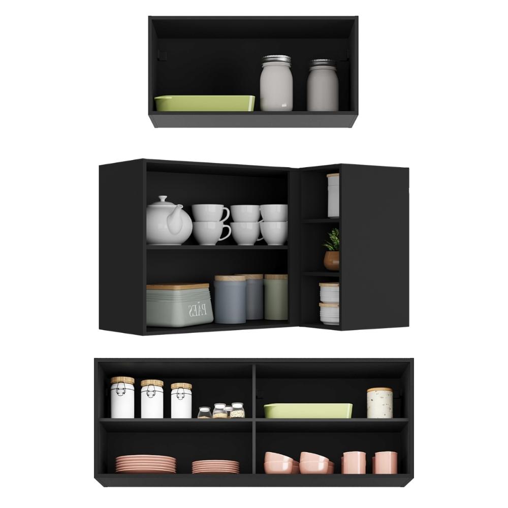 Kit Armário Cozinha Aéreo Canto 90cm com Aéreo 70cm e Aéreo 120cm Veneza Multimóveis MP2287 Preto/Branco