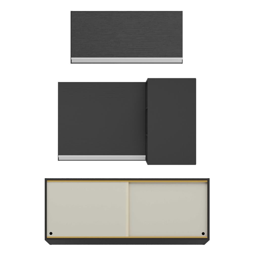 Kit Armário Cozinha Aéreo Canto 90cm com Aéreo 70cm e Aéreo 120cm Veneza Multimóveis MP2287 Preto/Branco