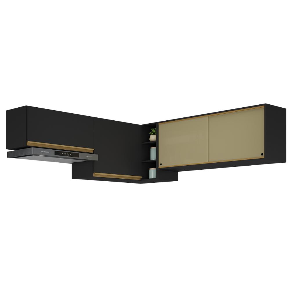 Kit Armário Cozinha Aéreo Canto 90cm com Aéreo 70cm e Aéreo 120cm Veneza Multimóveis MP2287 Preto/Dourado