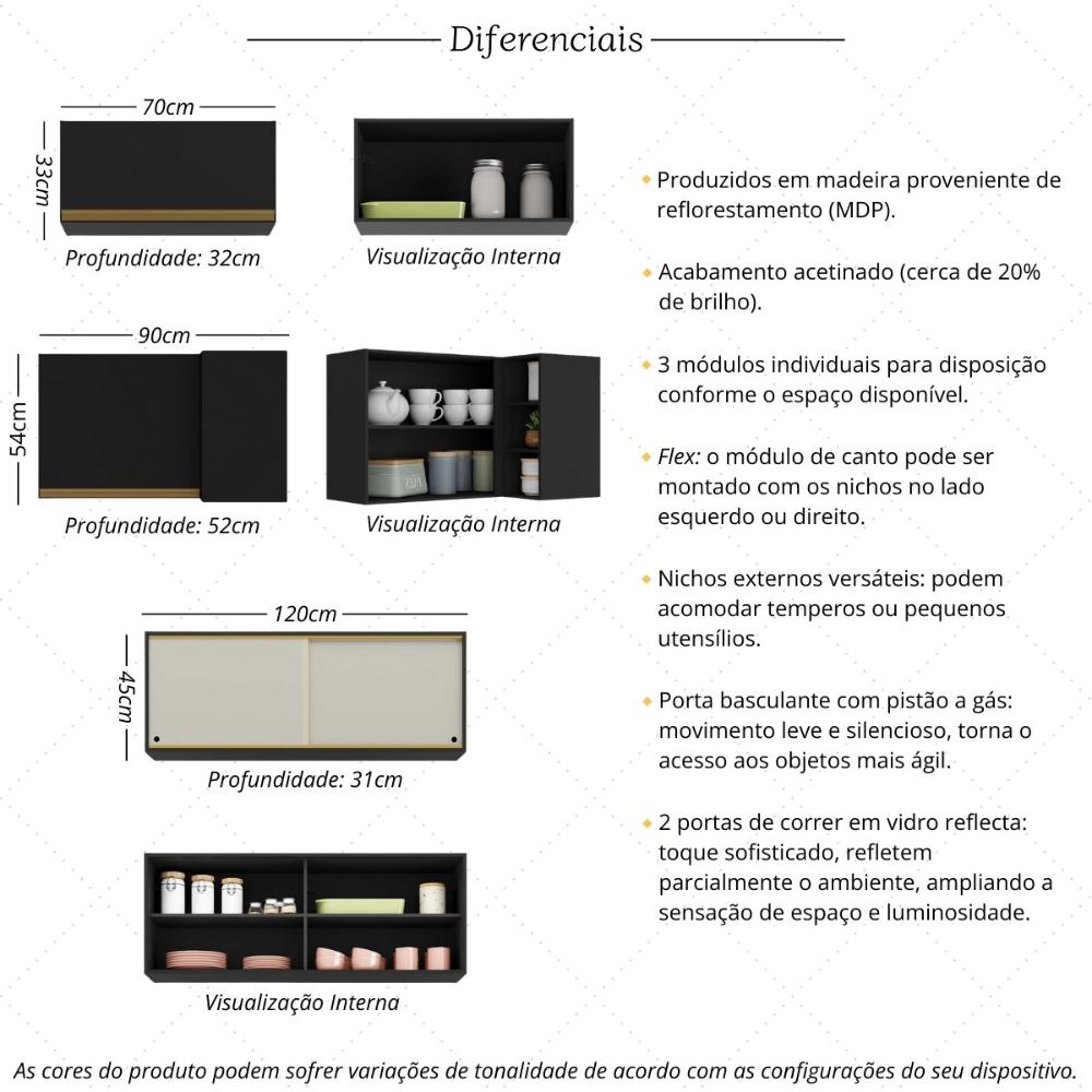 Kit Armário Cozinha Aéreo Canto 90cm com Aéreo 70cm e Aéreo 120cm Veneza Multimóveis MP2287 Preto/Dourado