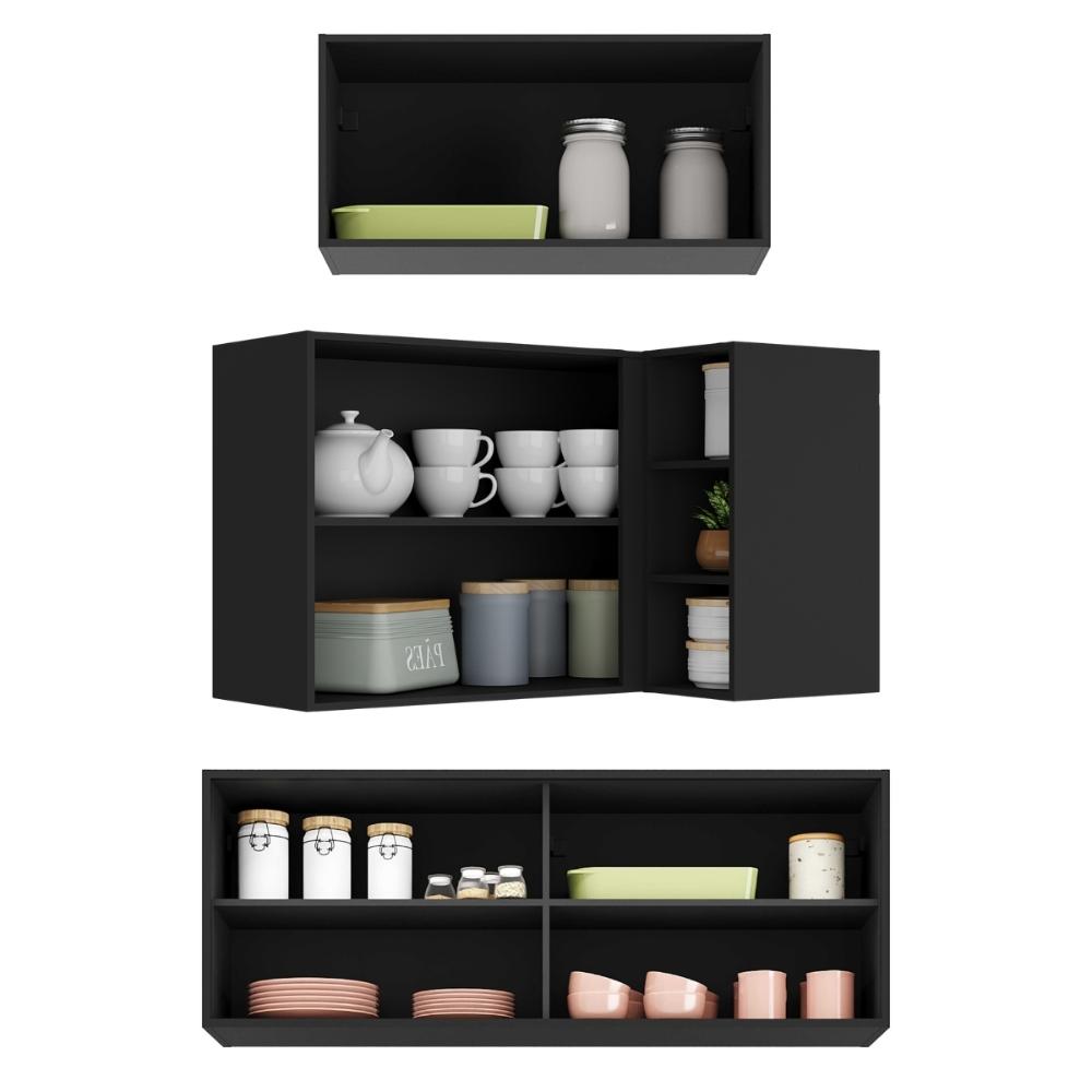 Kit Armário Cozinha Aéreo Canto 90cm com Aéreo 70cm e Aéreo 120cm Veneza Multimóveis MP2287 Preto/Dourado