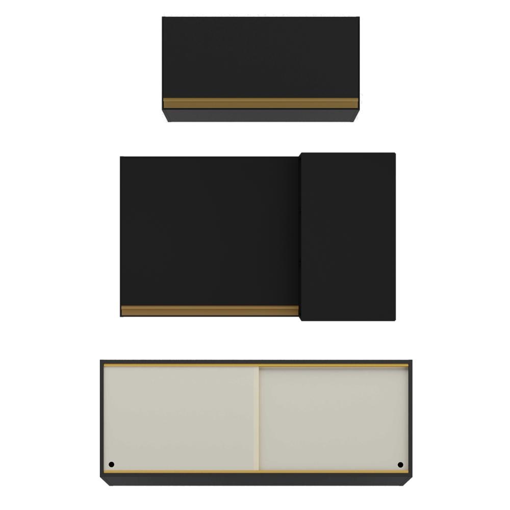 Kit Armário Cozinha Aéreo Canto 90cm com Aéreo 70cm e Aéreo 120cm Veneza Multimóveis MP2287 Preto/Dourado