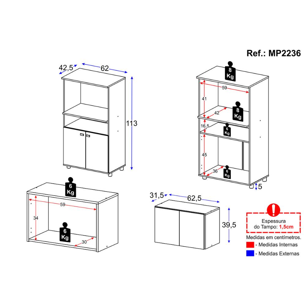 Kit Armário de Cozinha 2 Portas com Balcão Multiuso Multimóveis MP2236 Branco/Preto
