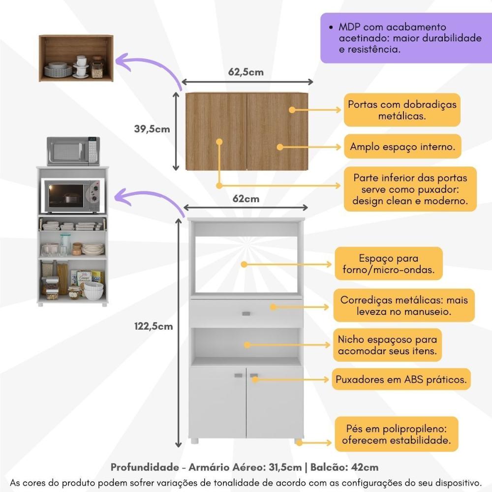 Kit Armário de Cozinha 2 Portas com Balcão Multiuso Multimóveis MP2238 Branco/Rustic