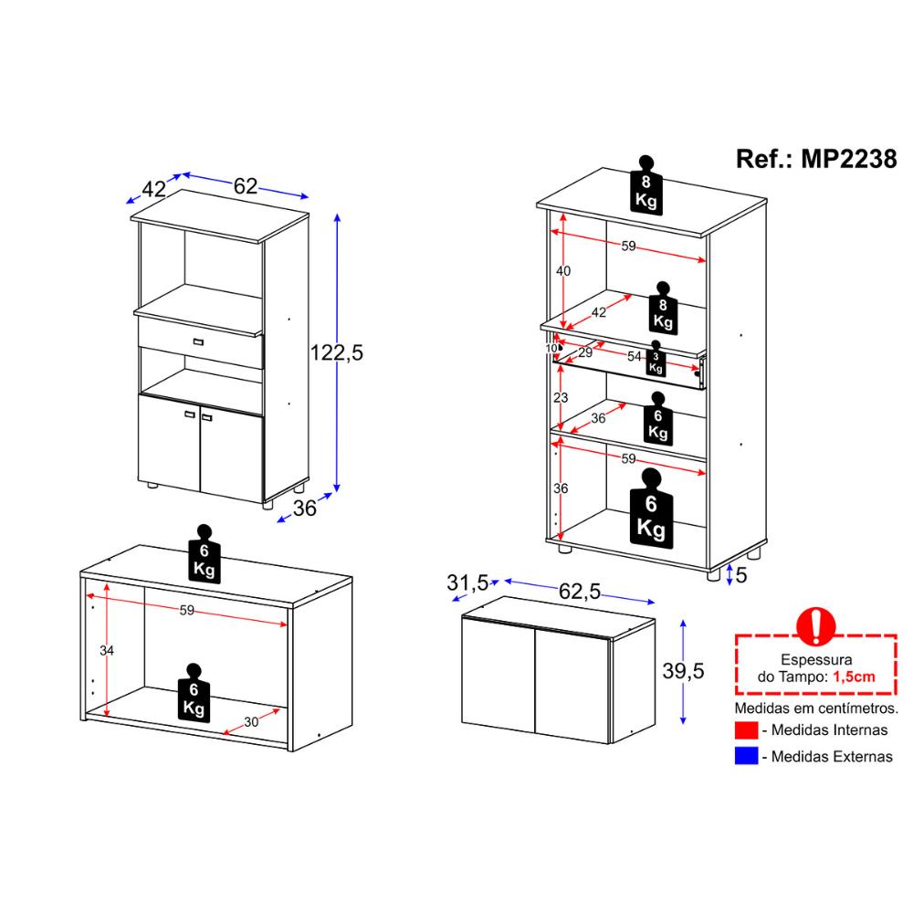 Kit Armário de Cozinha 2 Portas com Balcão Multiuso Multimóveis MP2238 Branco/Rustic