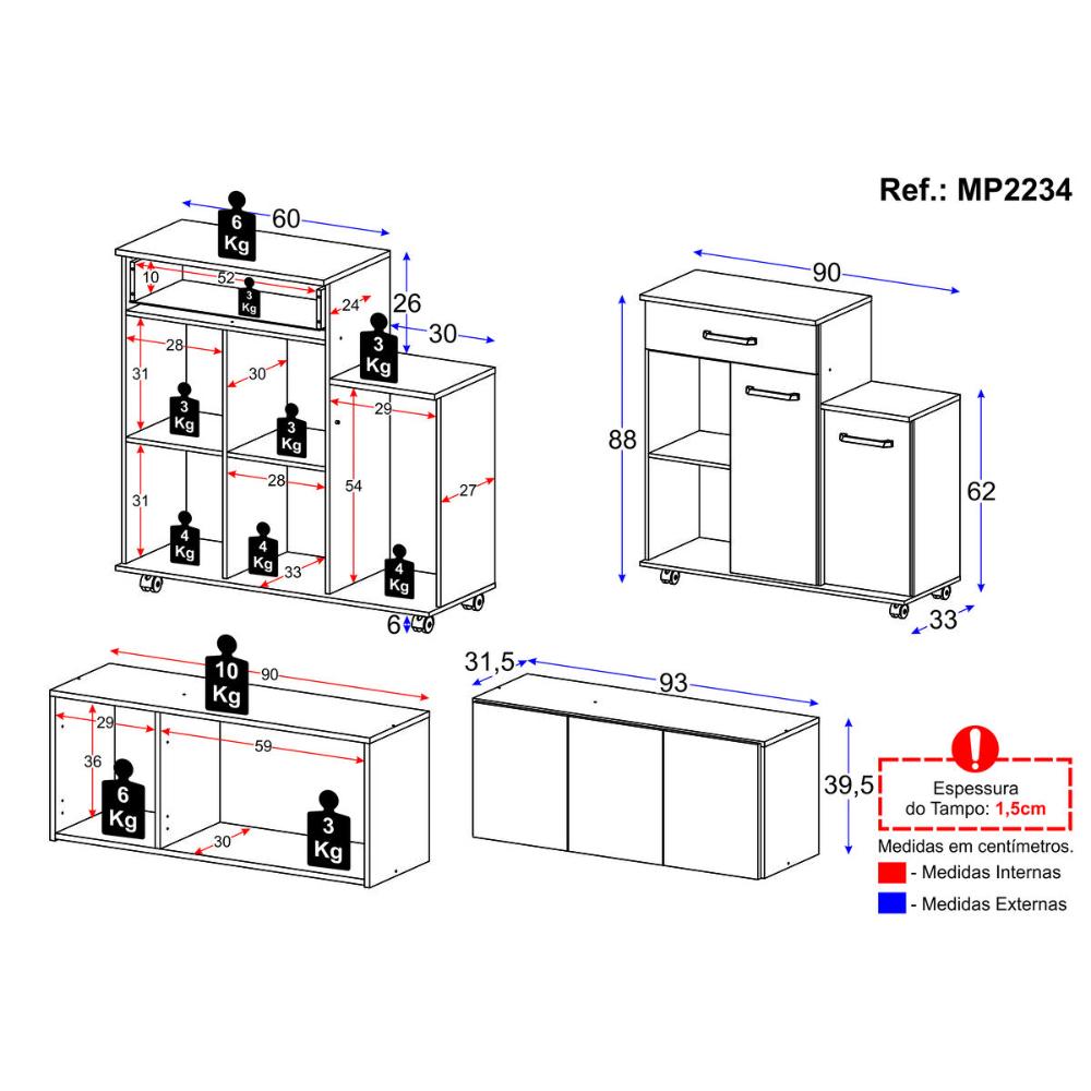Kit Armário de Cozinha 3 Portas com Balcão Multiuso Multimóveis MP2234 Branco