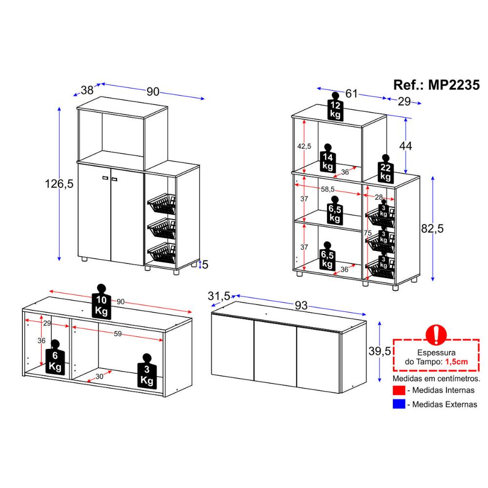 Kit Armário de Cozinha 3 Portas com Balcão Multiuso/Fruteira Multimóveis MP2235 Branco/Grafite