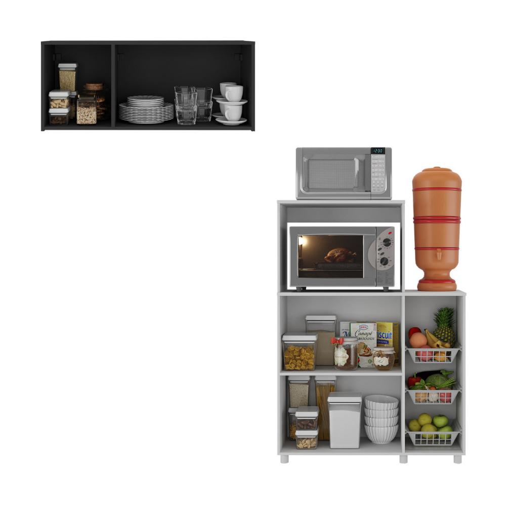 Kit Armário de Cozinha 3 Portas com Balcão Multiuso/Fruteira Multimóveis MP2235 Branco/Preto