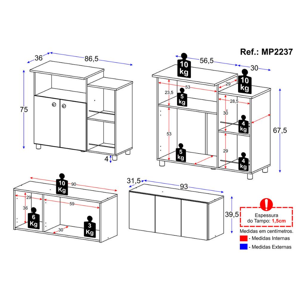Kit Armário de Cozinha 3 Portas com Balcão Multiuso/Fruteira Multimóveis MP2237 Branco/Preto