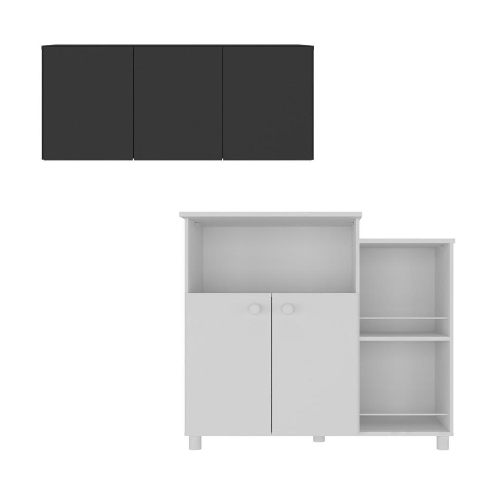 Kit Armário de Cozinha 3 Portas com Balcão Multiuso/Fruteira Multimóveis MP2237 Branco/Preto