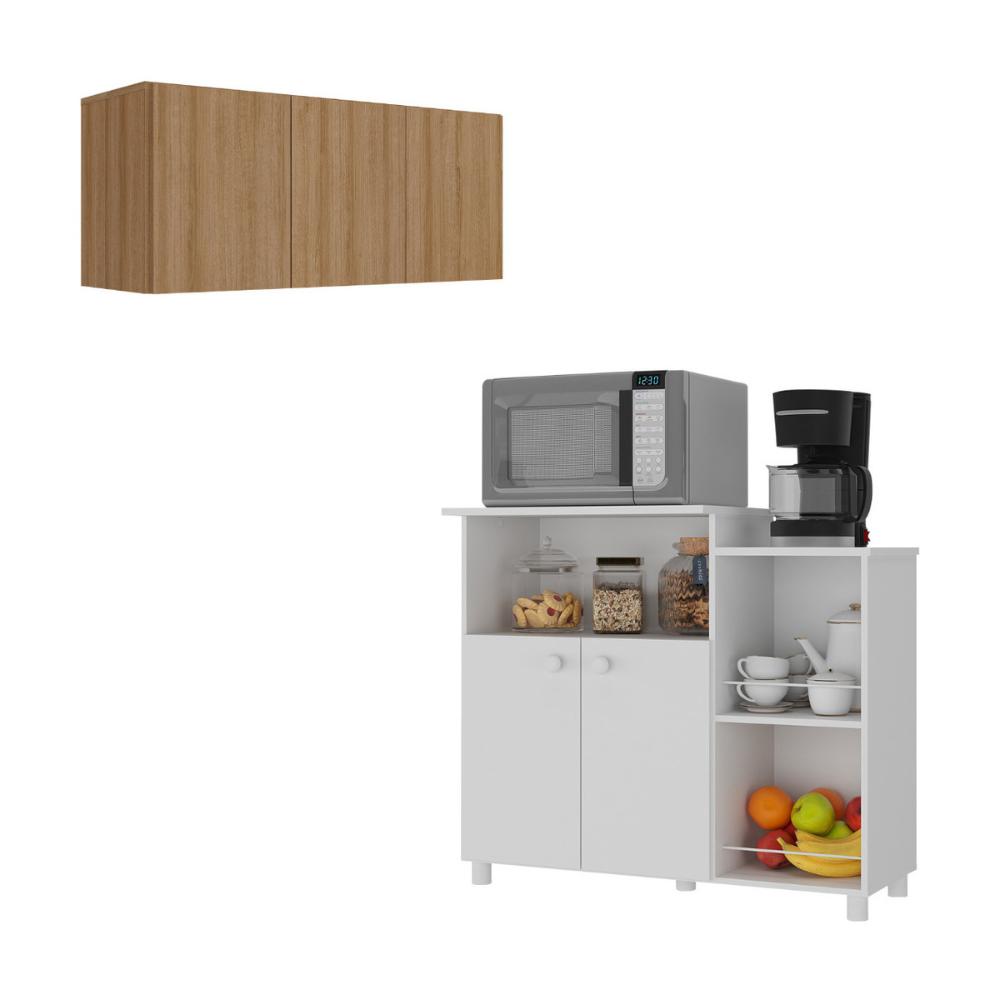 Kit Armário de Cozinha 3 Portas com Balcão Multiuso/Fruteira Multimóveis MP2237 Branco/Rustic