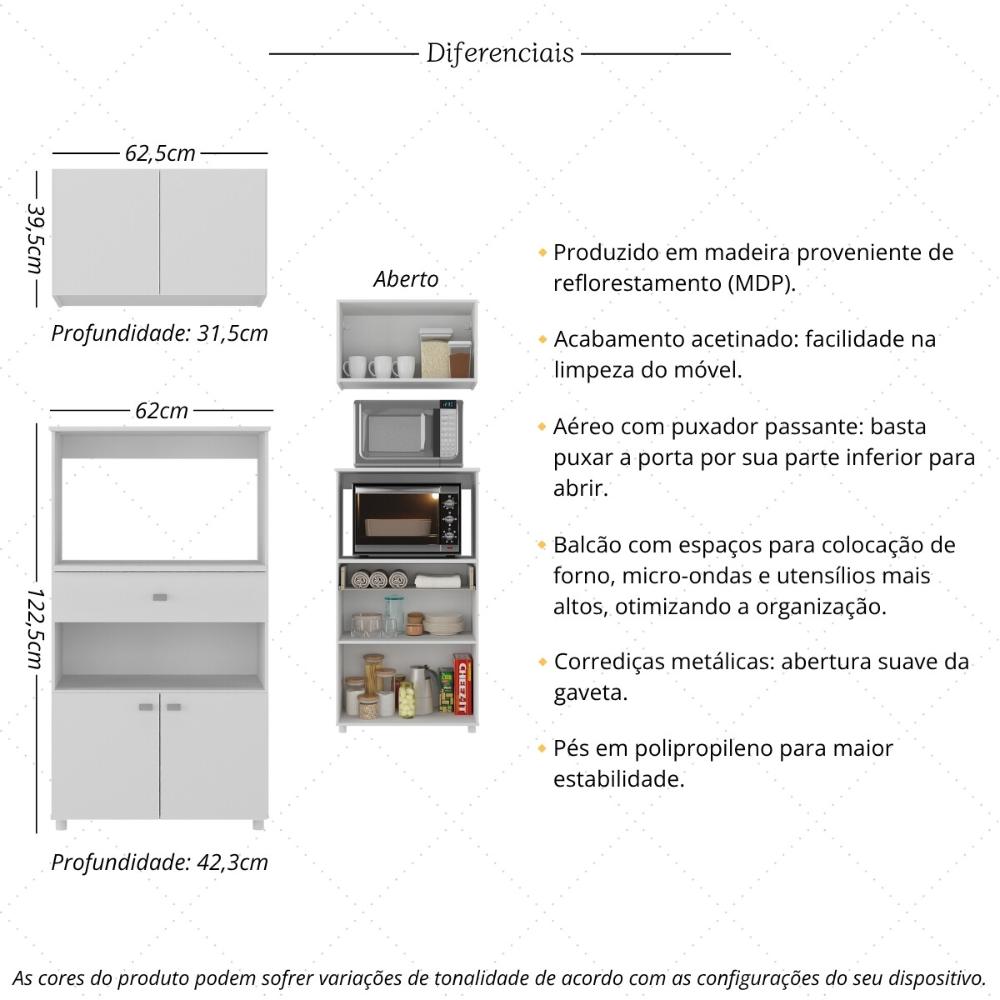 Kit Armário de Cozinha 62,5cm com Balcão para Forno/Micro-ondas Multimóveis MP2281 Branco