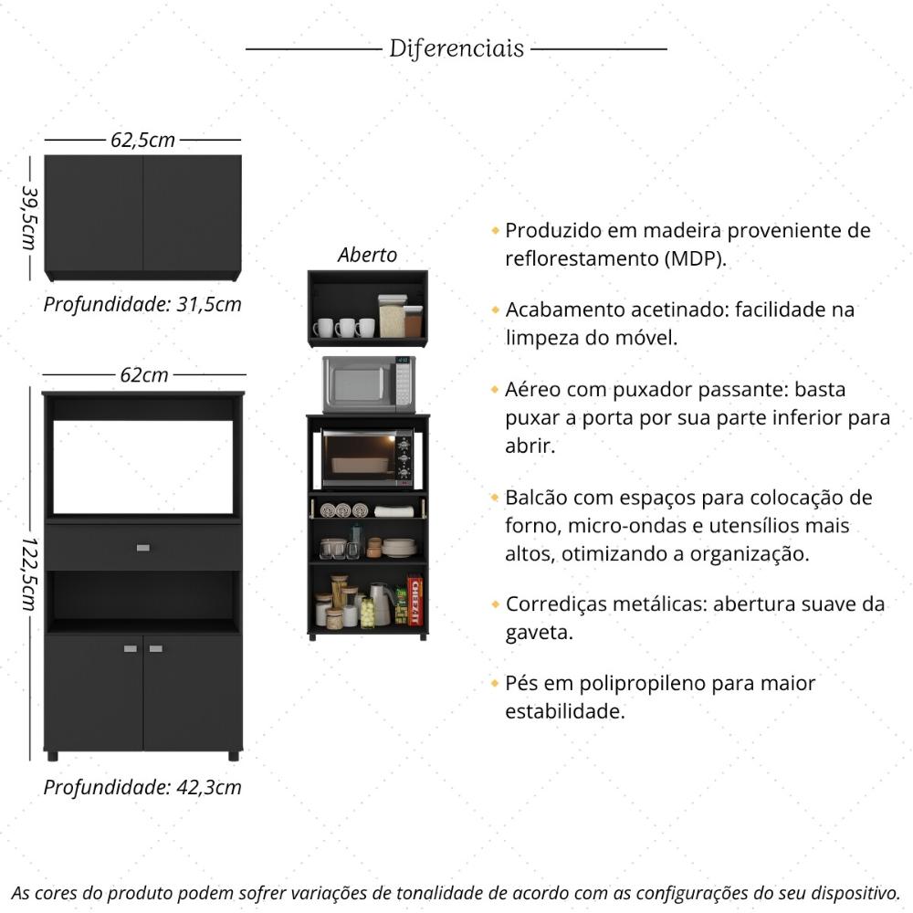 Kit Armário de Cozinha 62,5cm com Balcão para Forno/Micro-ondas Multimóveis MP2281 Preto