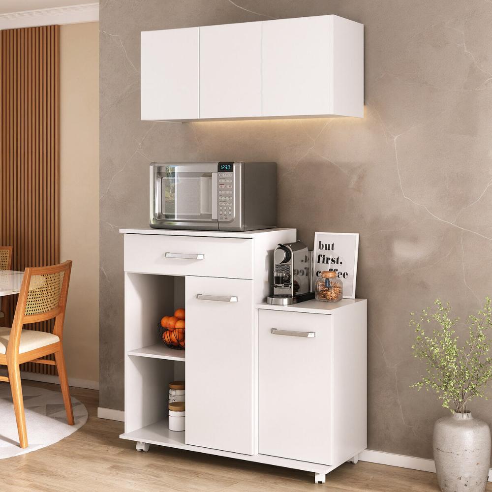 Kit Armário de Cozinha 93cm com Balcão Multiuso para Micro-ondas Multimóveis MP2282 Branco
