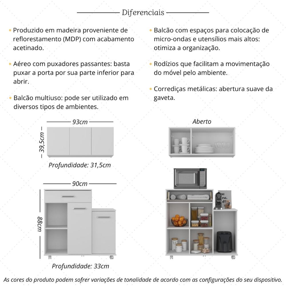 Kit Armário de Cozinha 93cm com Balcão Multiuso para Micro-ondas Multimóveis MP2282 Branco