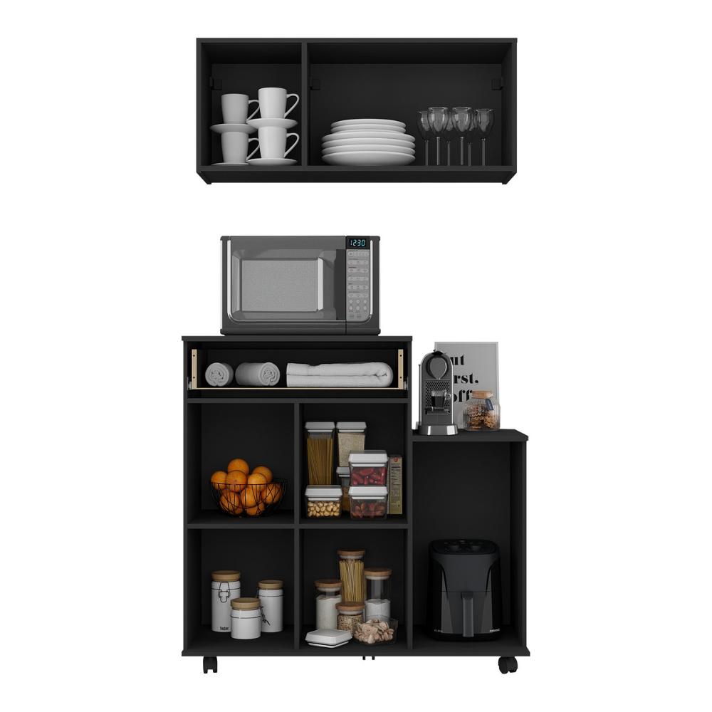 Kit Armário de Cozinha 93cm com Balcão Multiuso para Micro-ondas Multimóveis MP2282 Preto