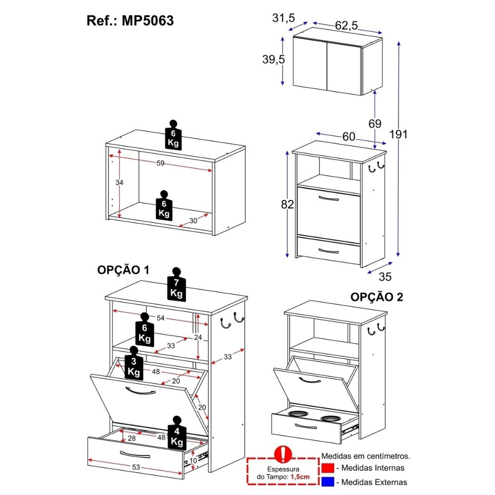 Kit Armário de Cozinha Aéreo 62,5cm com Balcão Multimóveis MP5063 Branco