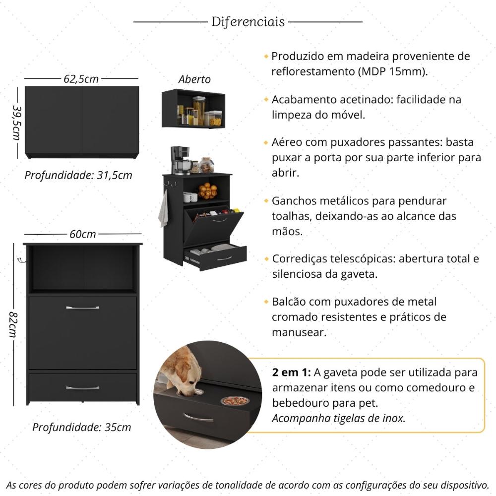 Kit Armário de Cozinha Aéreo 62,5cm com Balcão Multimóveis MP5063 Preto
