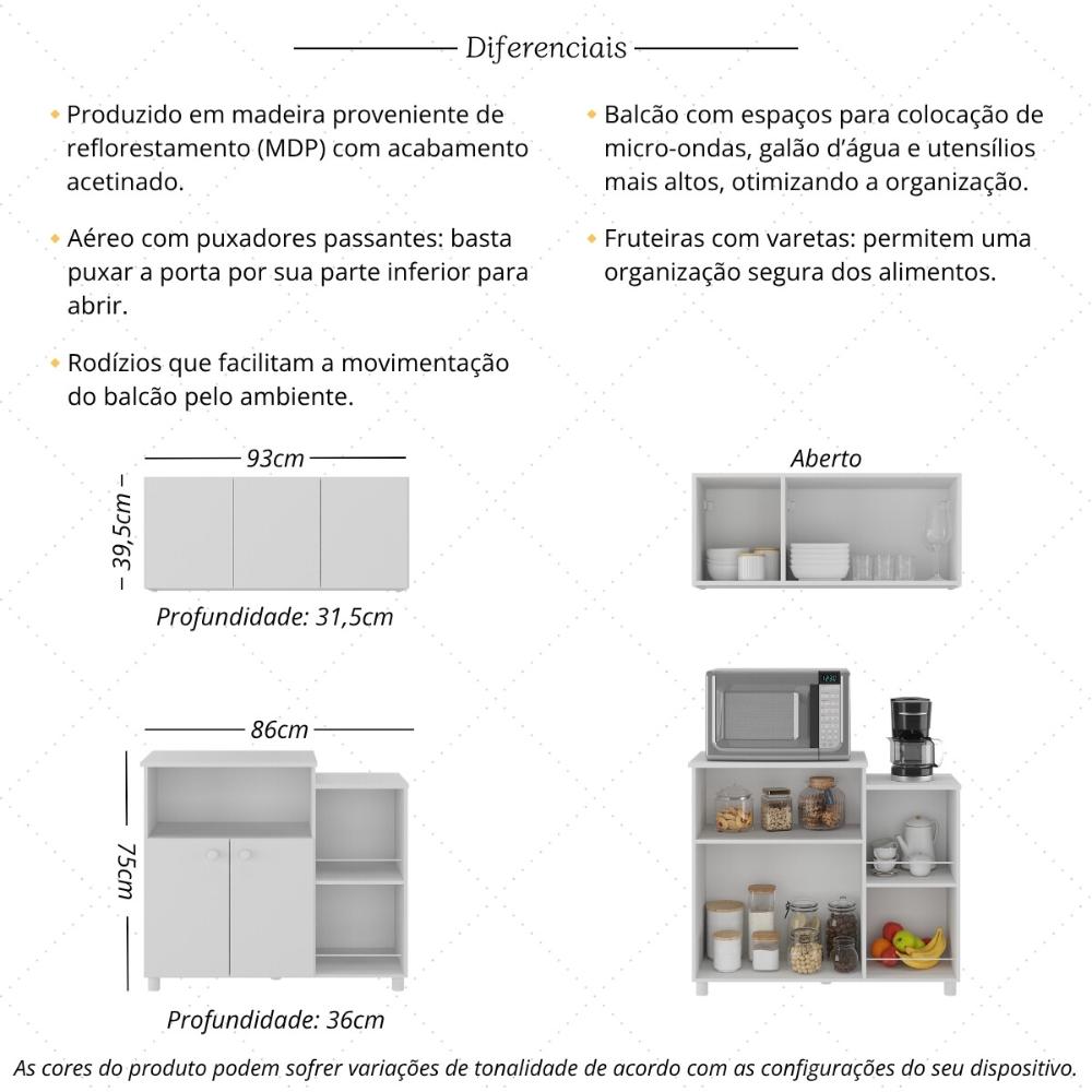 Kit Armário de Cozinha Aéreo 93cm com Balcão Multiuso Fruteira Multimóveis MP2283 Branco