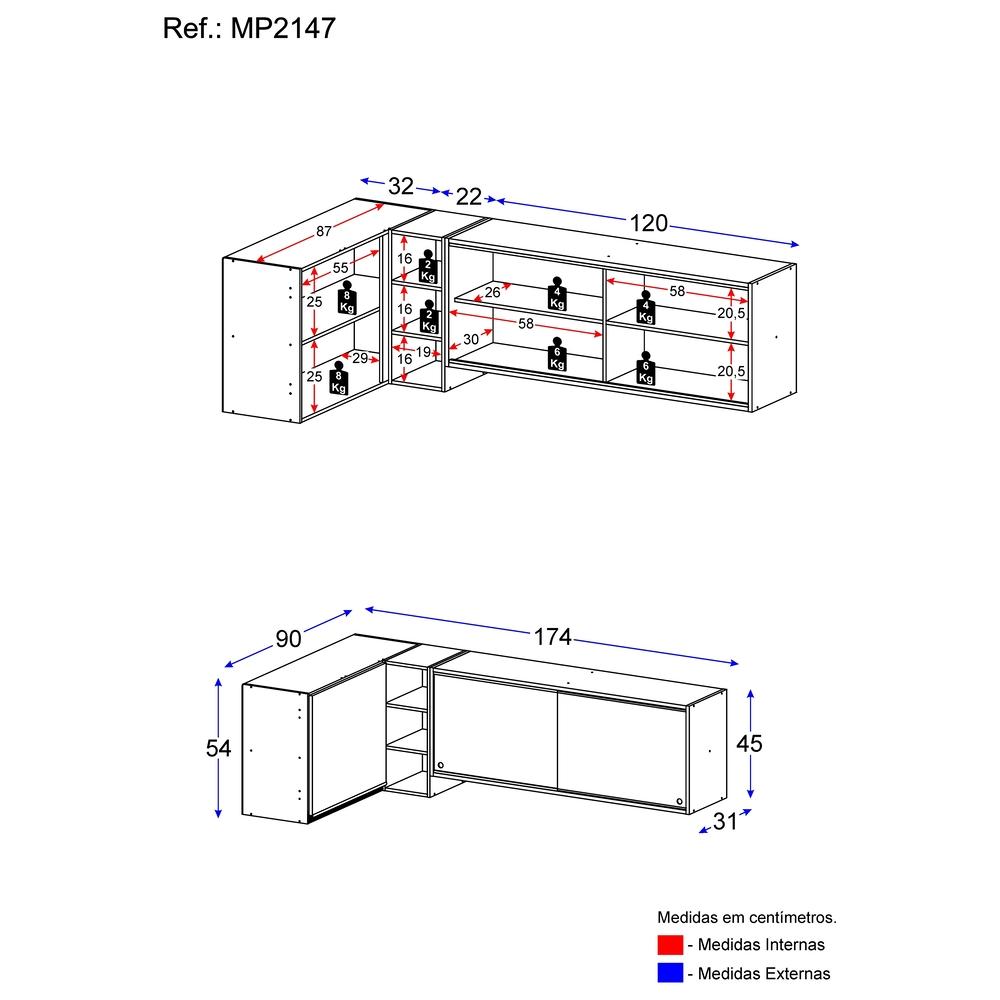 Kit Armário de Cozinha Aéreo Canto 90cm e Aéreo 120cm Veneza Multimóveis MP2147 Branco/Dourado