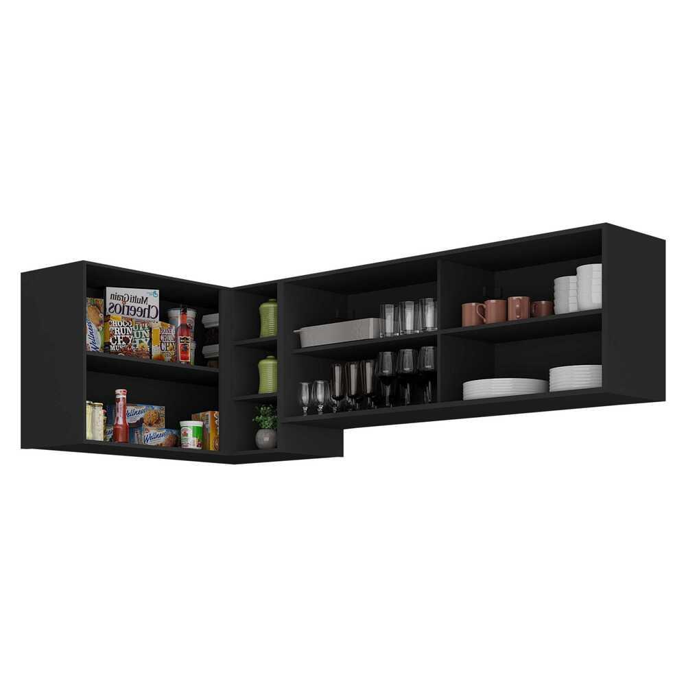 Kit Armário de Cozinha Aéreo Canto 90cm e Aéreo 120cm Veneza Multimóveis MP2147 Preto/Dourado