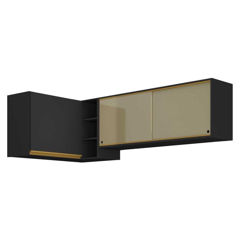 Kit Armário de Cozinha Aéreo Canto 90cm e Aéreo 120cm Veneza Multimóveis MP2147 Preto/Dourado