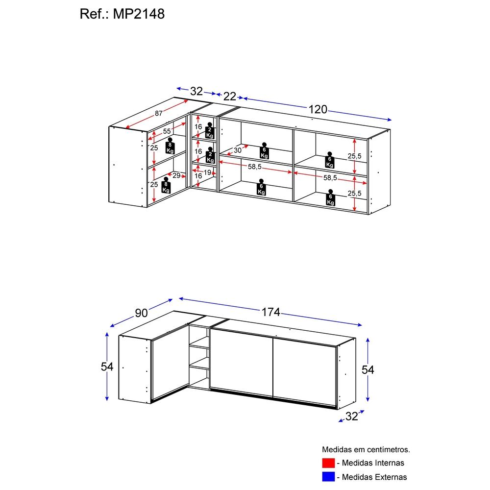 Kit Armário de Cozinha Aéreo Canto 90cm e Aéreo 120cm Veneza Multimóveis MP2148 Branco/Dourado