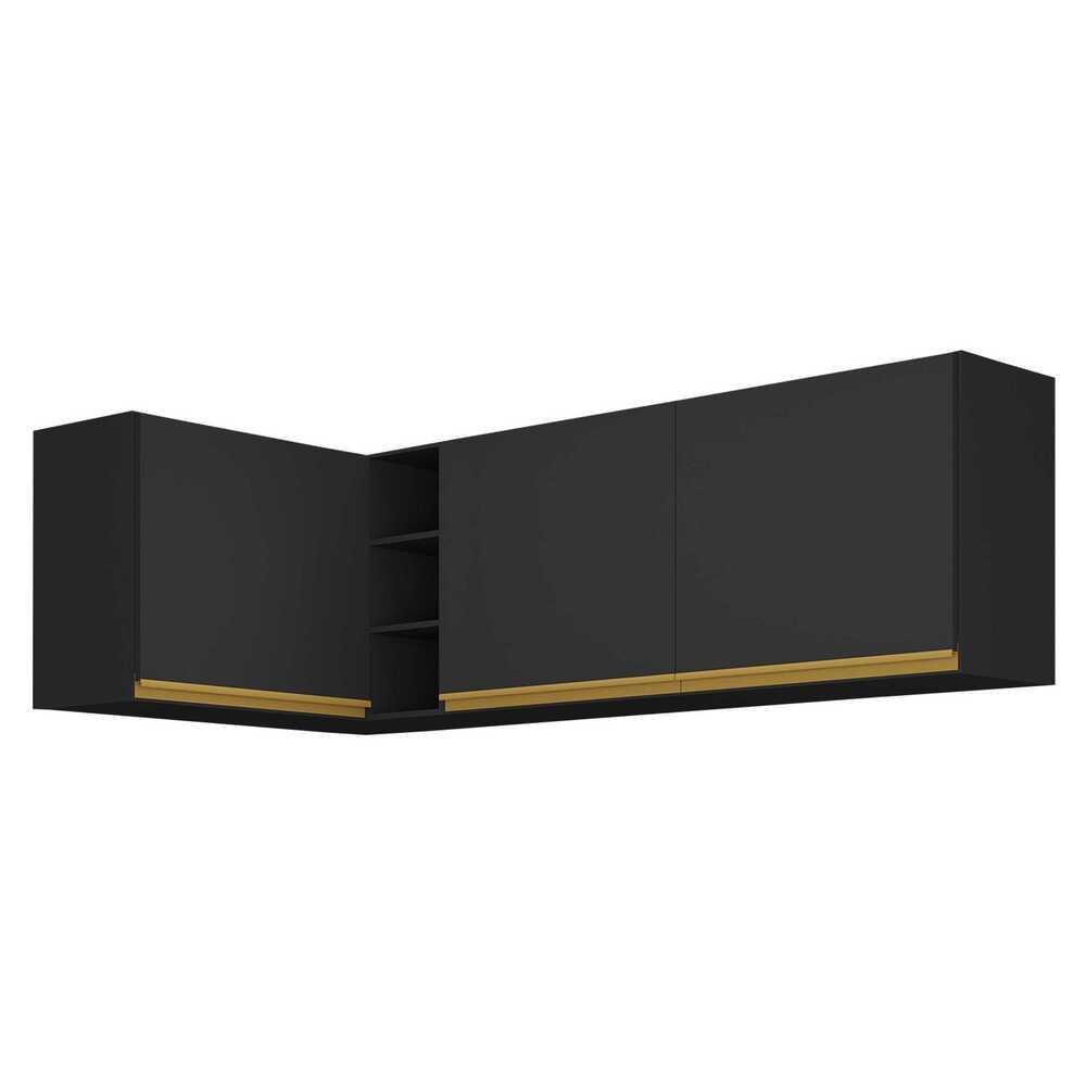 Kit Armário de Cozinha Aéreo Canto 90cm e Aéreo 120cm Veneza Multimóveis MP2148 Preto/Dourado