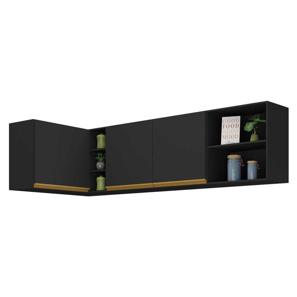 Kit Armário de Cozinha Aéreo Canto 90cm e Aéreo 150cm Veneza Multimóveis MP2149 Preto/Dourado