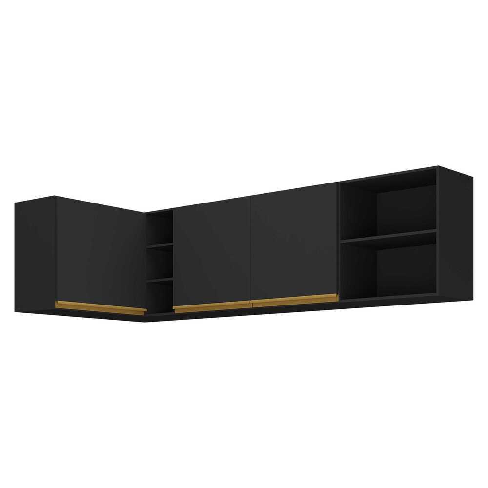 Kit Armário de Cozinha Aéreo Canto 90cm e Aéreo 150cm Veneza Multimóveis MP2149 Preto/Dourado