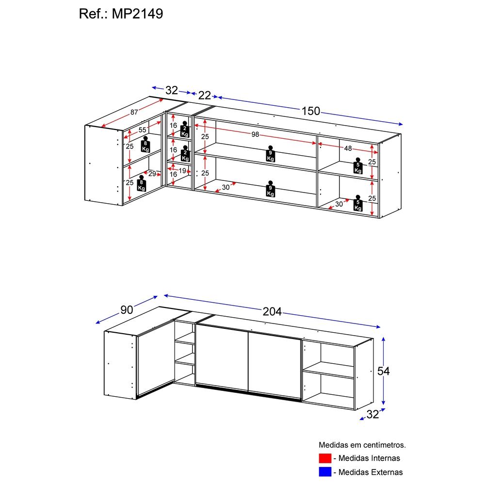 Kit Armário de Cozinha Aéreo Canto 90cm e Aéreo 150cm Veneza Multimóveis MP2149 Preto/Dourado