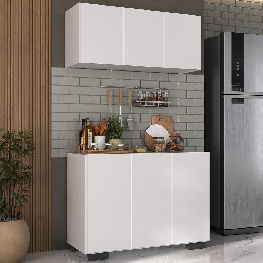 Kit Armário de Cozinha Aéreo e Balcão 3 Portas Multimóveis MP2169 Branco/Preto