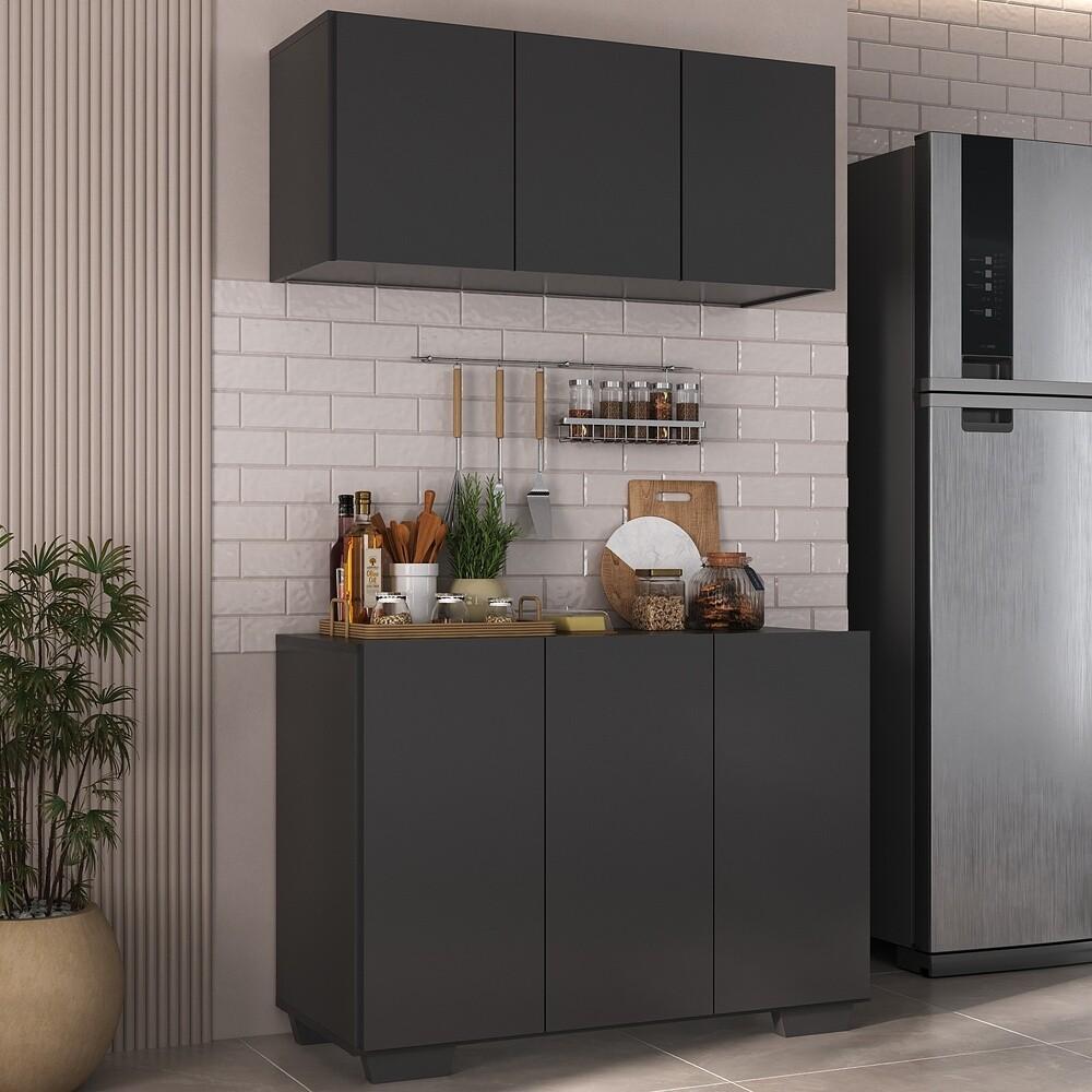 Kit Armário de Cozinha Aéreo e Balcão 3 Portas Multimóveis MP2169 Preto