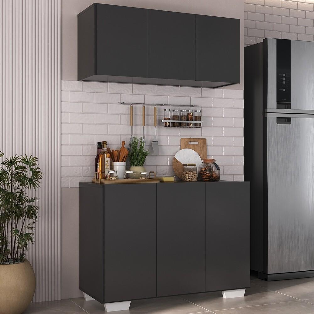 Kit Armário de Cozinha Aéreo e Balcão 3 Portas Multimóveis MP2169 Preto/Branco