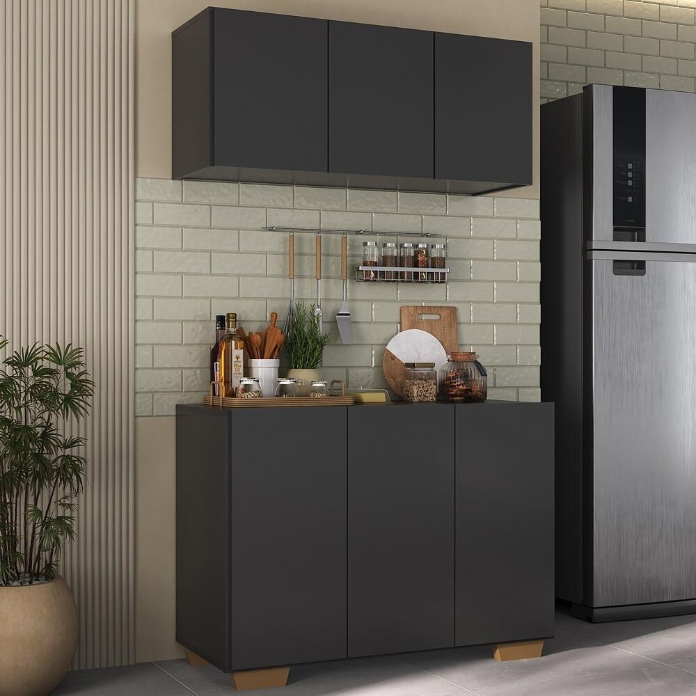Kit Armário de Cozinha Aéreo e Balcão 3 Portas Multimóveis MP2169 Preto/Natural