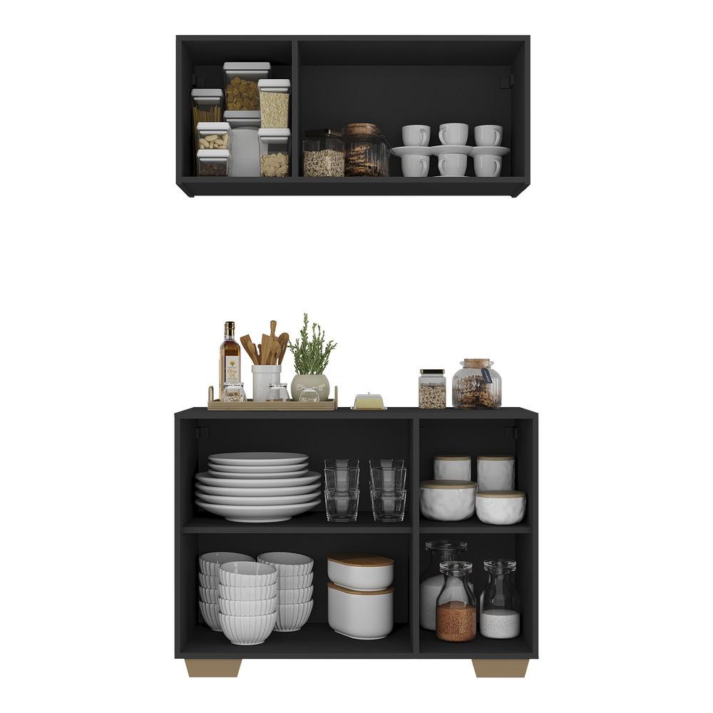 Kit Armário de Cozinha Aéreo e Balcão 3 Portas Multimóveis MP2169 Preto/Natural