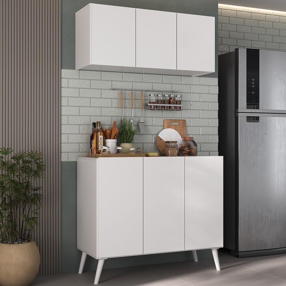 Kit Armário de Cozinha Aéreo e Balcão 3 Portas Retrô Multimóveis MP2168 Branco